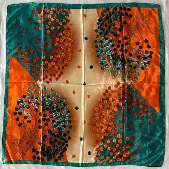 2245- Tree Print Silk-Feel Square Scarf Orange Green Teal 100% Polyester NWT - Picture 2 of 10